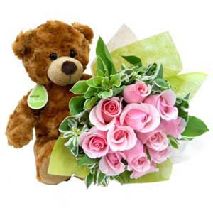 Baby Pink Rose Bouquet with Bear